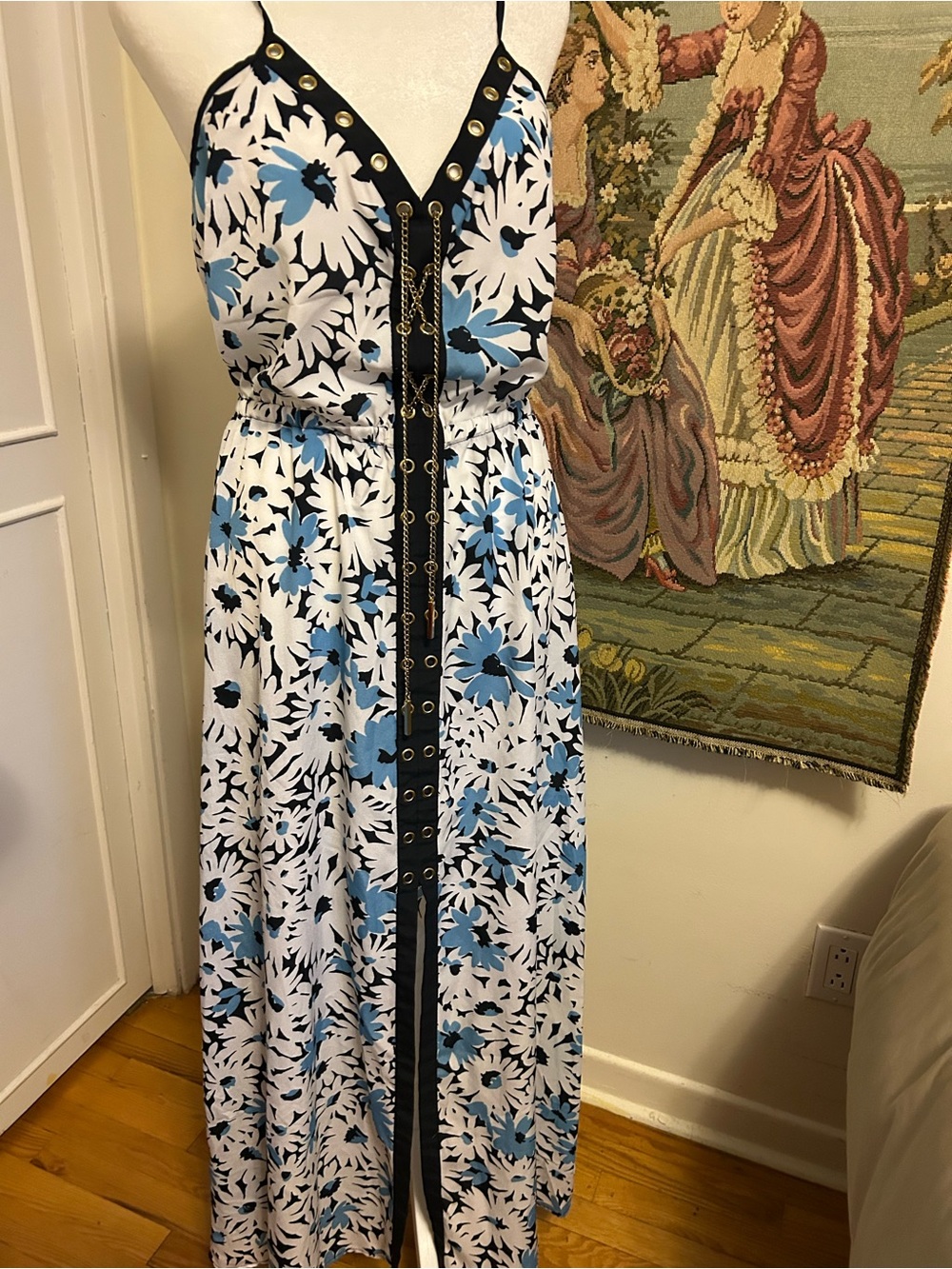 Michael Kors White and Blue Floral Maxi Dress with Chain Detail